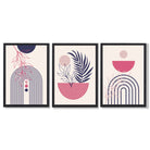 Set of 3 Boho Floral Geometric Purple and Pink Framed Art Prints with Black Wooden Frames