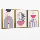 Set of 3 Boho Floral Geometric Purple and Pink Canvas Art Prints with Gold Float Frame