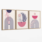 Set of 3 Boho Floral Geometric Purple and Pink Canvas Art Prints with Oak Float Frame