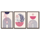 Set of 3 Boho Floral Geometric Purple and Pink Framed Art Prints with Dark Wood Frames