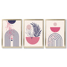 Set of 3 Boho Floral Geometric Purple and Pink Framed Art Prints with Gold Wood Frames