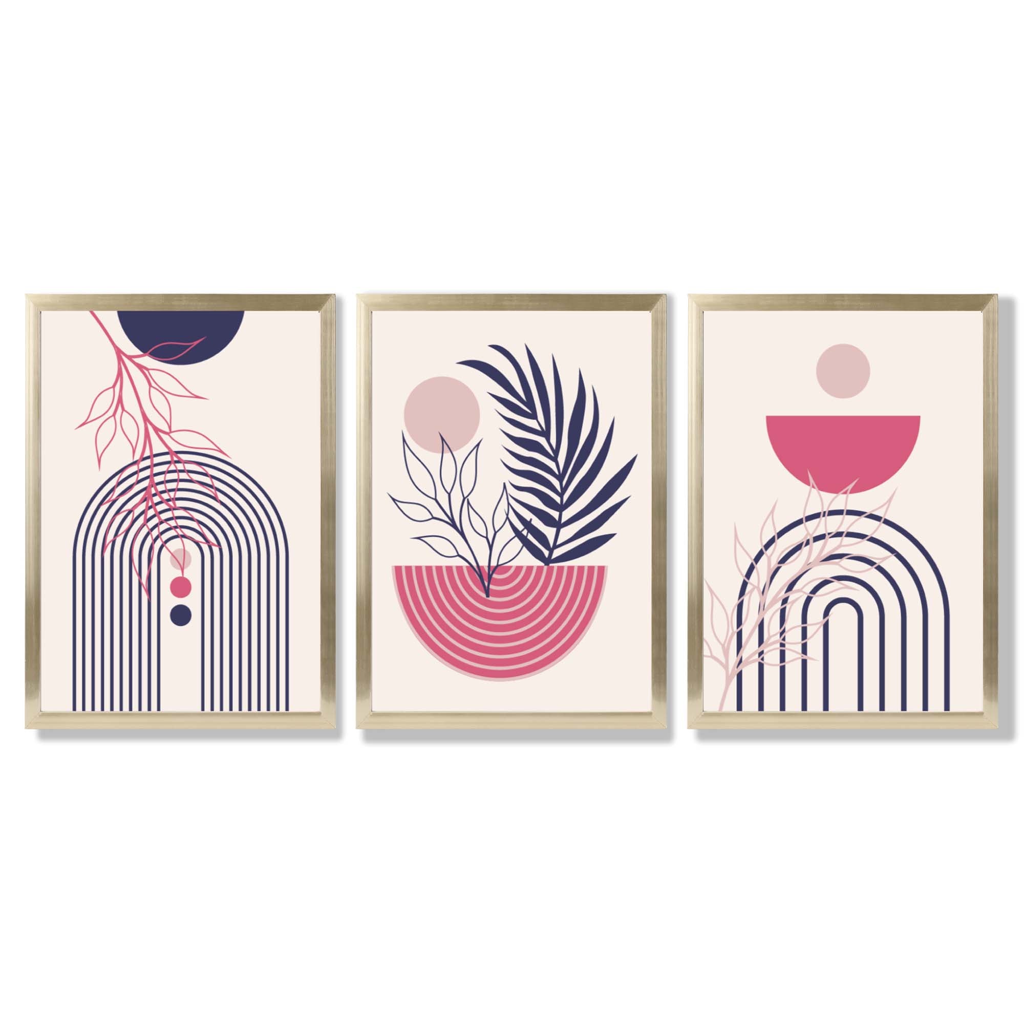 Set of 3 Boho Floral Geometric Purple and Pink Framed Art Prints with Gold Wood Frames