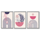 Set of 3 Boho Floral Geometric Purple and Pink Framed Art Prints with Light Grey Wooden Frames