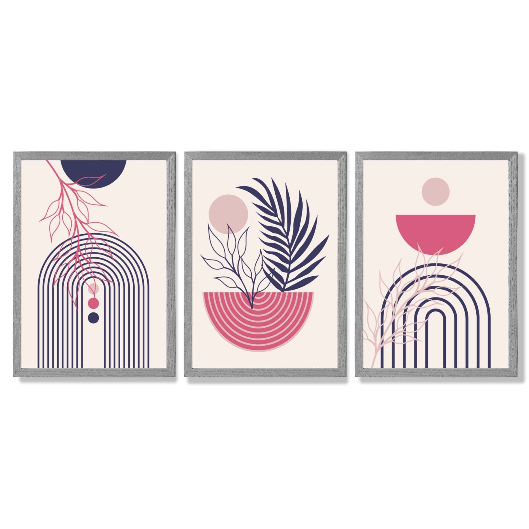 Set of 3 Boho Floral Geometric Purple and Pink Framed Art Prints with Light Grey Wooden Frames