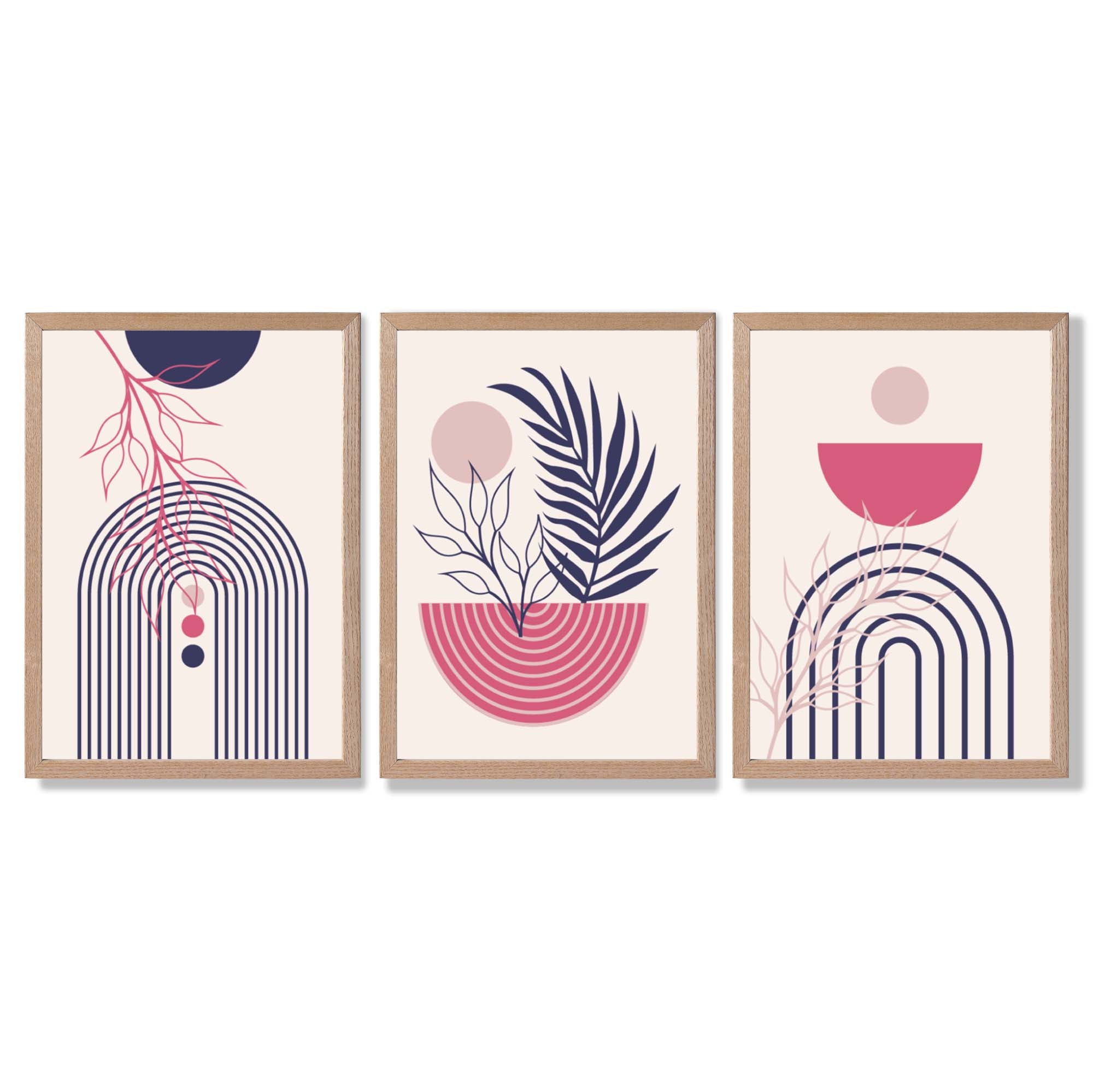 Set of 3 Boho Floral Geometric Purple and Pink Framed Art Prints with Light Oak Frames