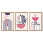 Set of 3 Boho Floral Geometric Purple and Pink Framed Art Prints with Light Oak Frames