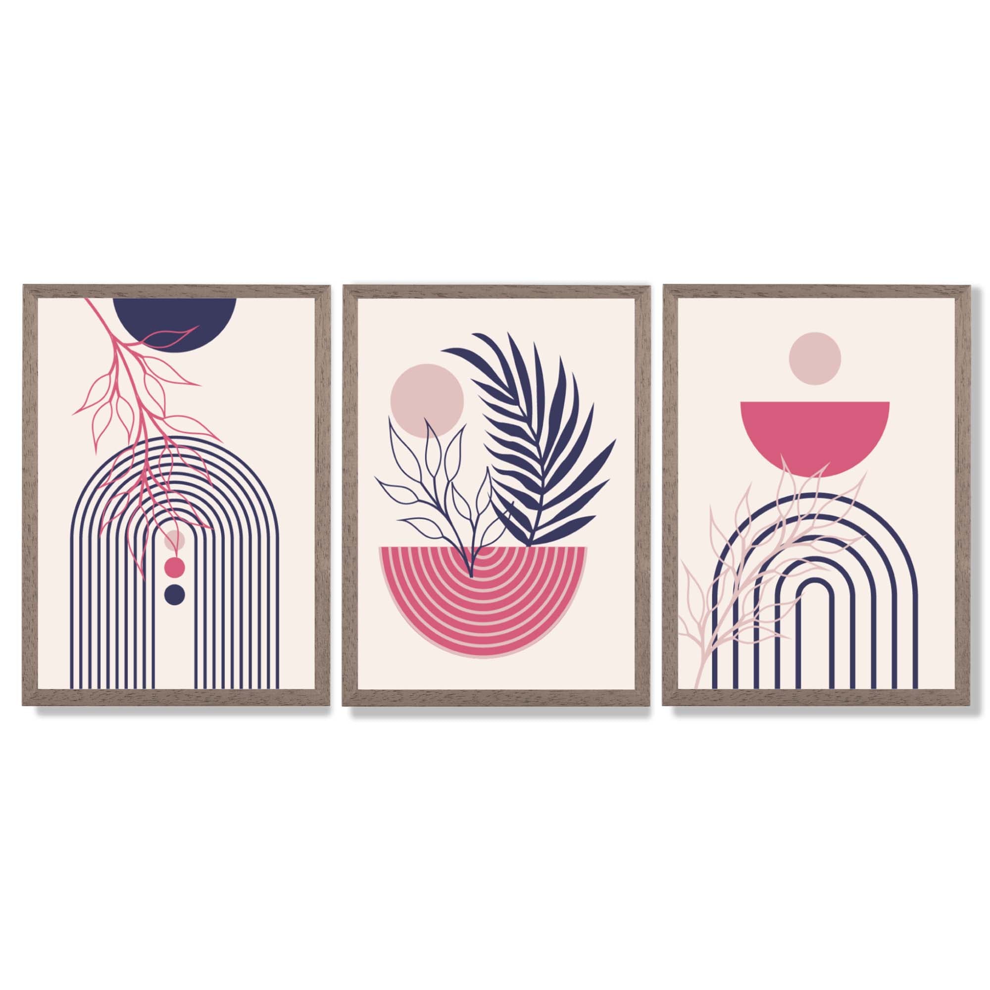 Set of 3 Boho Floral Geometric Purple and Pink Framed Art Prints with Light Walnut Frames