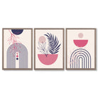 Set of 3 Boho Floral Geometric Purple and Pink Framed Art Prints with Light Walnut Frames