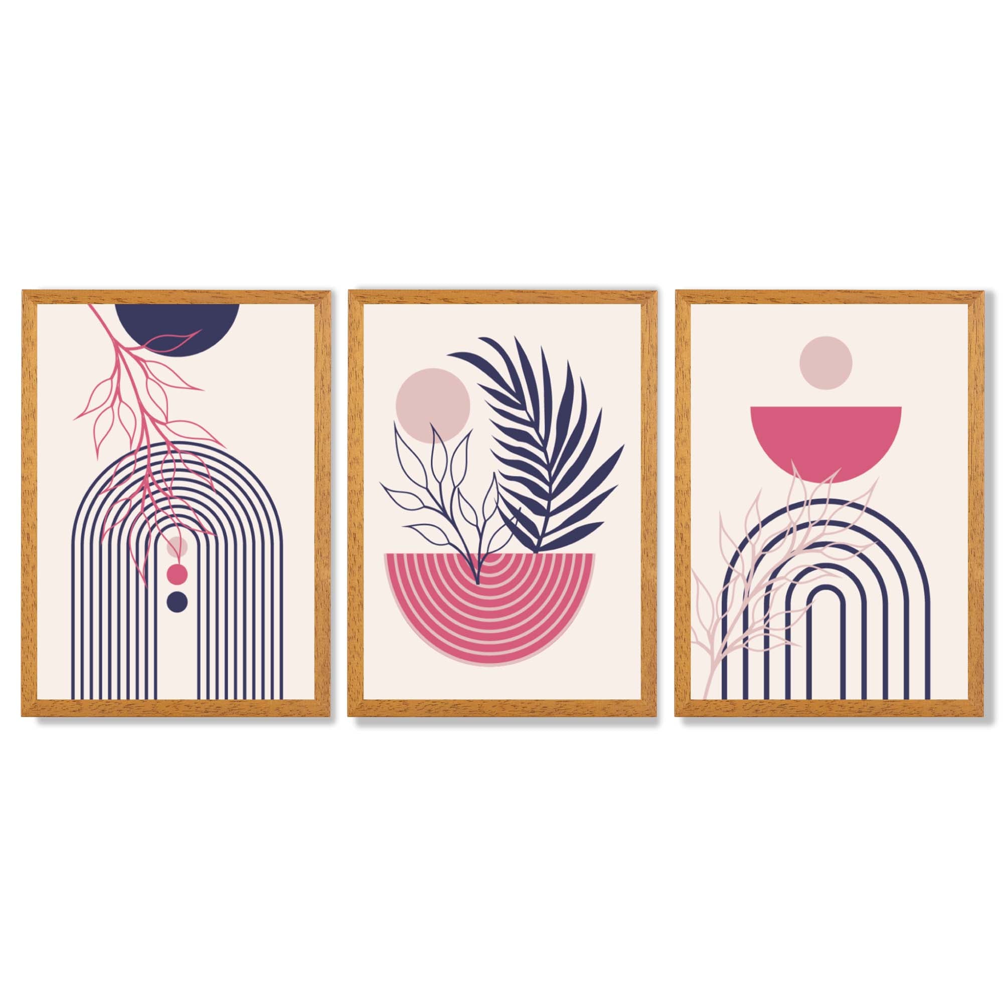 Set of 3 Boho Floral Geometric Purple and Pink Framed Art Prints with Oak Wooden Frames