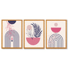 Set of 3 Boho Floral Geometric Purple and Pink Framed Art Prints with Oak Wooden Frames