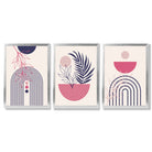 Set of 3 Boho Floral Geometric Purple and Pink Framed Art Prints with Silver Wood Frames