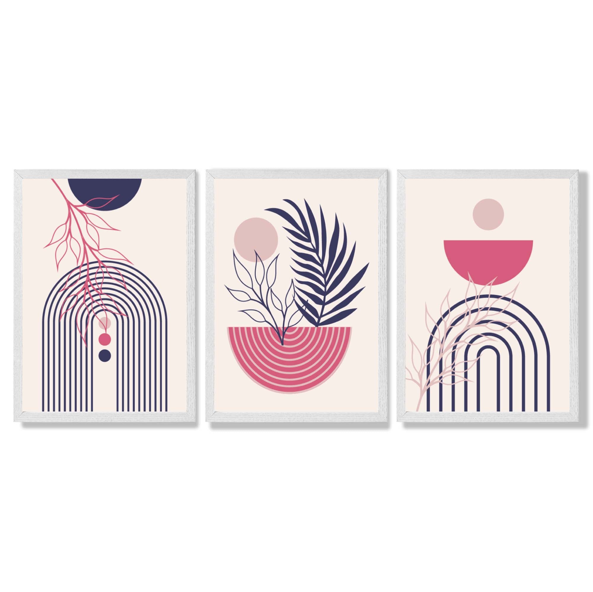 Set of 3 Boho Floral Geometric Purple and Pink Framed Art Prints with White Wooden Frames