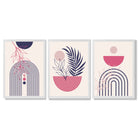 Set of 3 Boho Floral Geometric Purple and Pink Framed Art Prints with White Wooden Frames