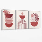 Set of 3 Boho Floral Geometric Red and Pink Canvas Art Prints with White Float Frame