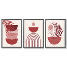 Set of 3 Boho Floral Geometric Red and Pink Framed Art Prints with Dark Grey Wooden Frames