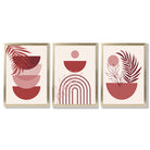 Set of 3 Boho Floral Geometric Red and Pink Framed Art Prints with Gold Wood Frames