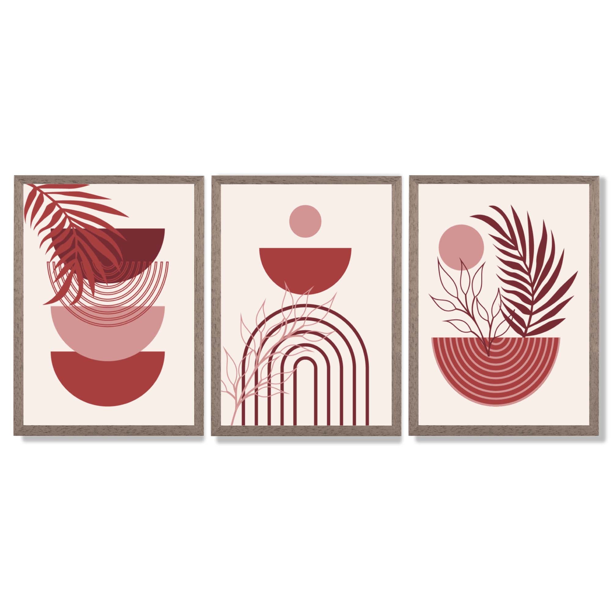 Set of 3 Boho Floral Geometric Red and Pink Framed Art Prints with Light Walnut Frames