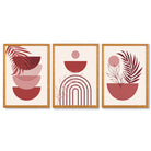 Set of 3 Boho Floral Geometric Red and Pink Framed Art Prints with Oak Wooden Frames