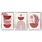 Set of 3 Boho Floral Geometric Red and Pink Framed Art Prints with Silver Wood Frames
