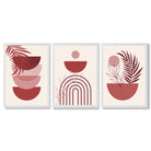 Set of 3 Boho Floral Geometric Red and Pink Framed Art Prints with White Wooden Frames