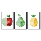 Set of 3 Geometric Red Yellow and Green Fruit Framed Art Prints with Black Wooden Frames