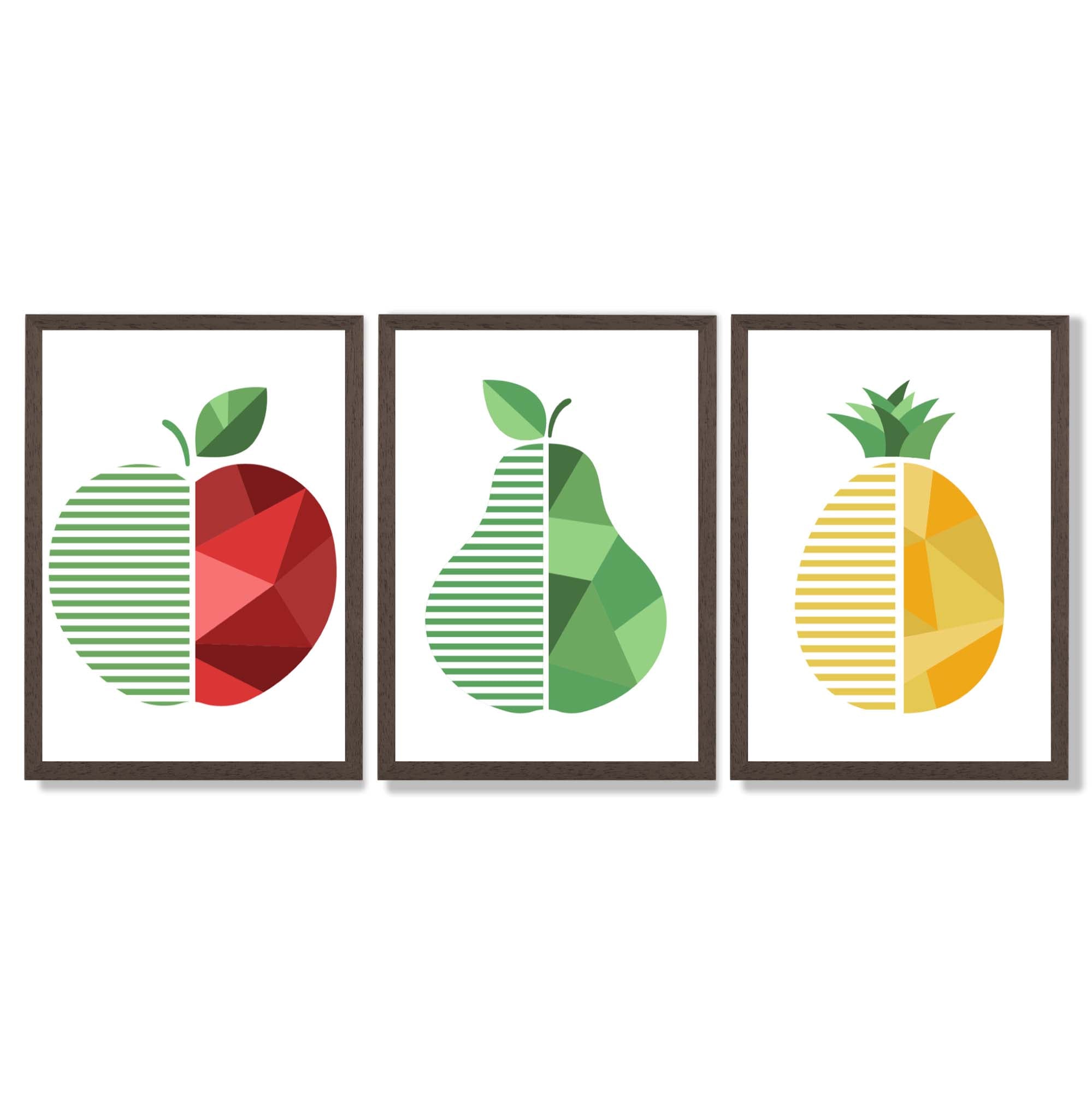 Set of 3 Geometric Red Yellow and Green Fruit Framed Art Prints with Dark Wood Frames