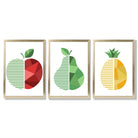 Set of 3 Geometric Red Yellow and Green Fruit Framed Art Prints with Gold Wood Frames