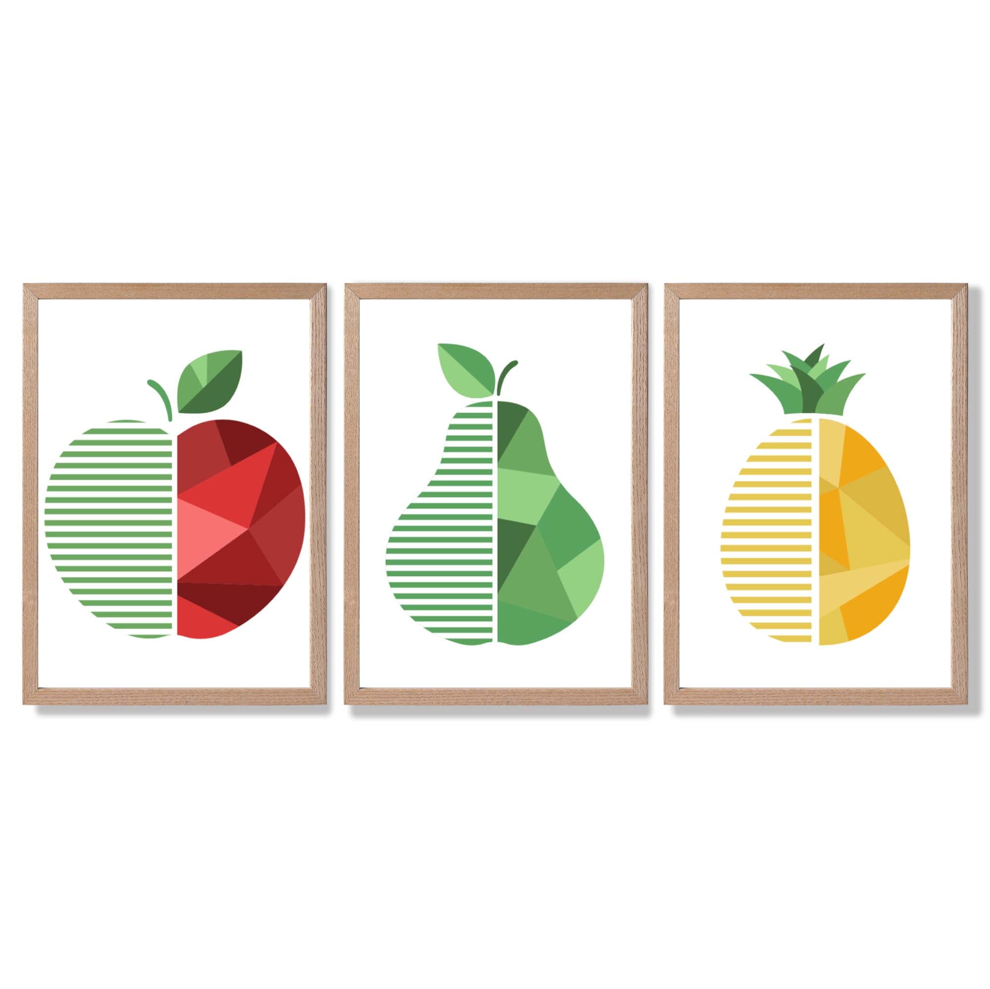 Set of 3 Geometric Red Yellow and Green Fruit Framed Art Prints with Light Oak Frames