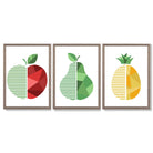 Set of 3 Geometric Red Yellow and Green Fruit Framed Art Prints with Light Walnut Frames