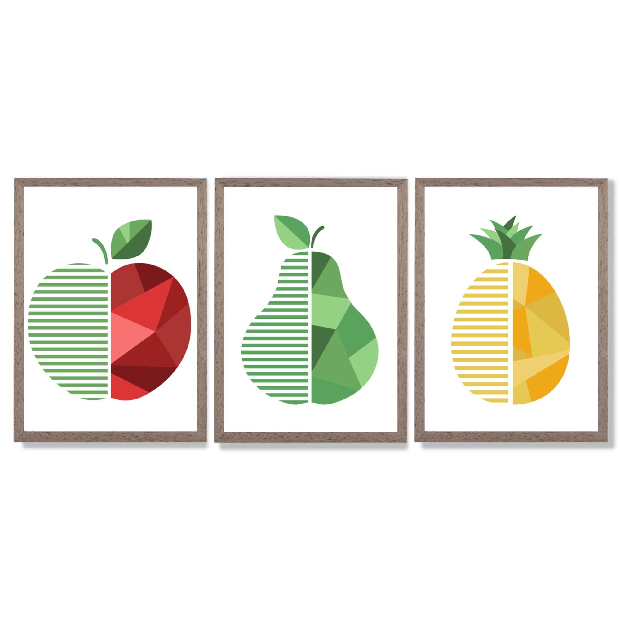 Set of 3 Geometric Red Yellow and Green Fruit Framed Art Prints with Light Walnut Frames