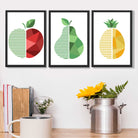 Set of 3 Geometric Red Yellow and Green Fruit Art Prints in Black Frames | Artze UK