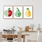 Set of 3 Geometric Red Yellow and Green Fruit Art Prints in Oak Frames | Artze UK