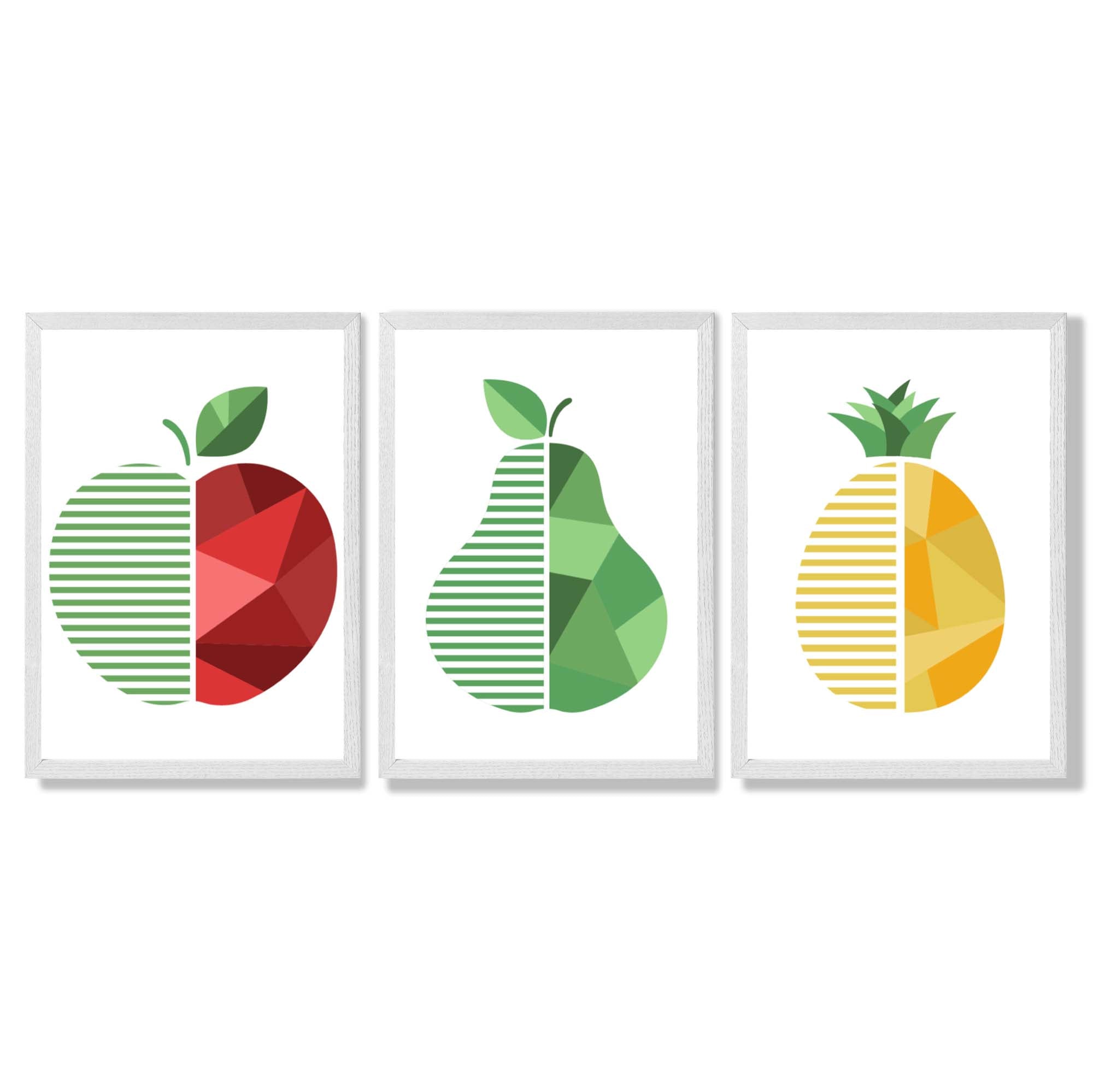 Set of 3 Geometric Red Yellow and Green Fruit Framed Art Prints with White Wooden Frames