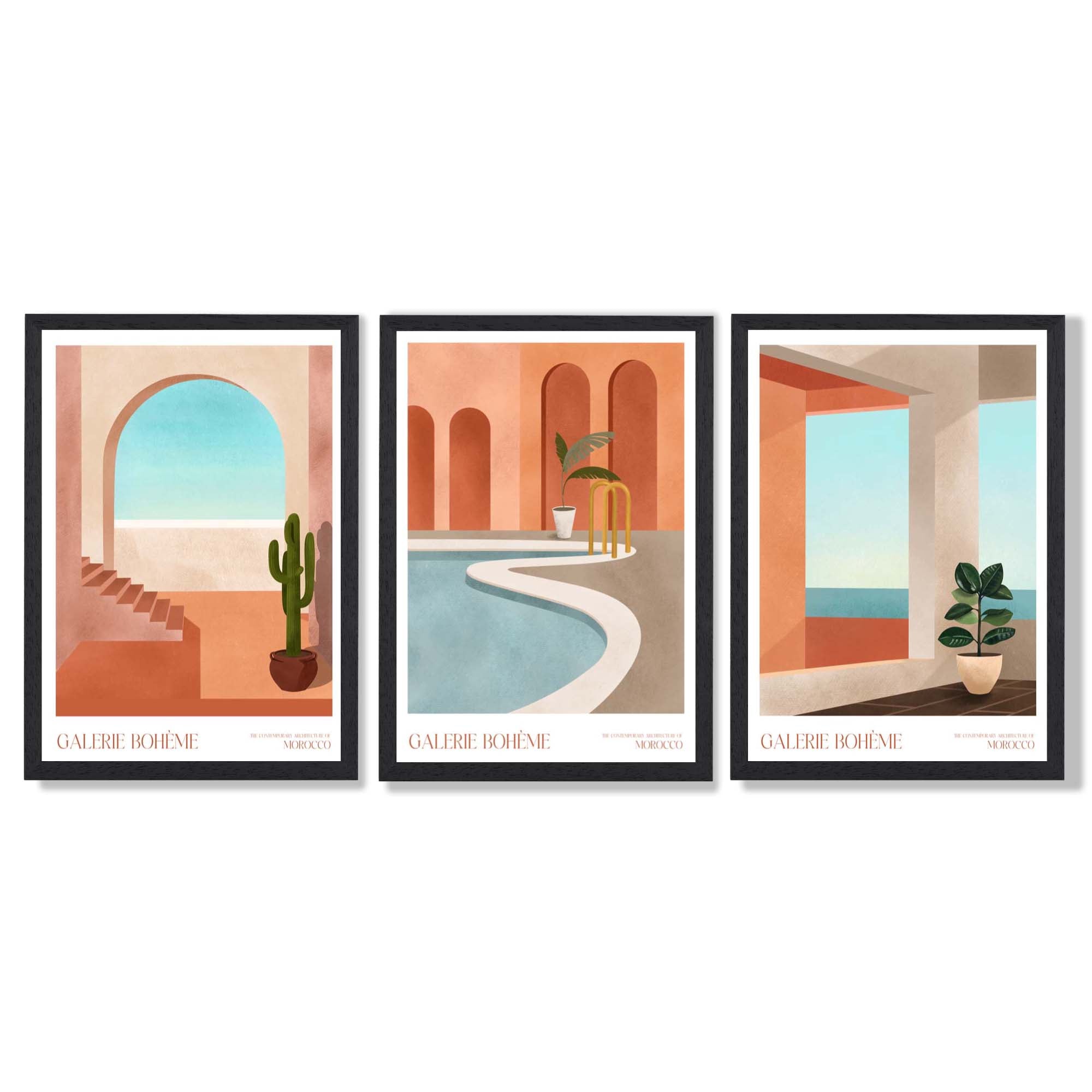 Set of 3 Boho Architecture of Morocco Framed Art Prints with Black Wooden Frames