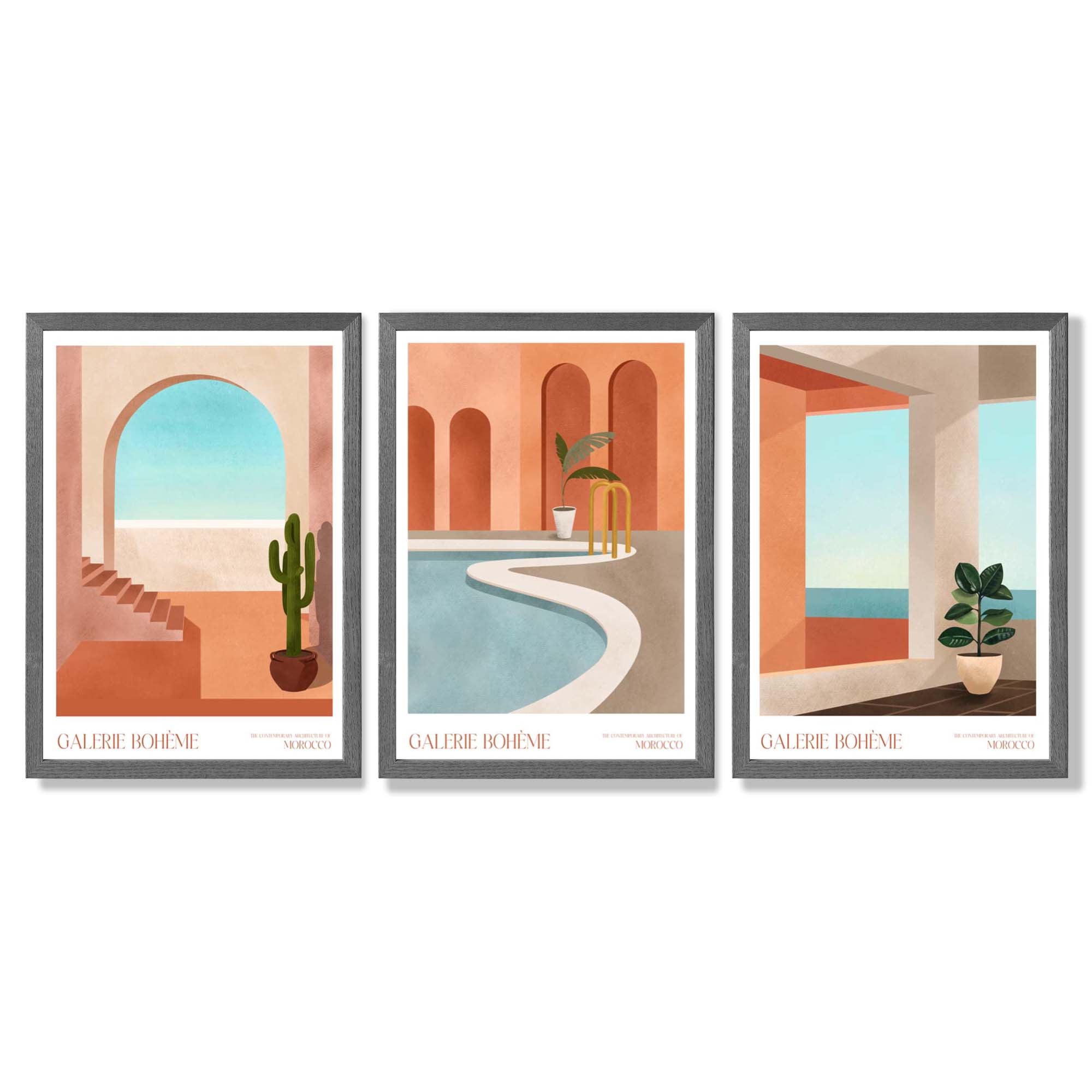 Set of 3 Boho Architecture of Morocco Framed Art Prints with Dark Grey Wooden Frames
