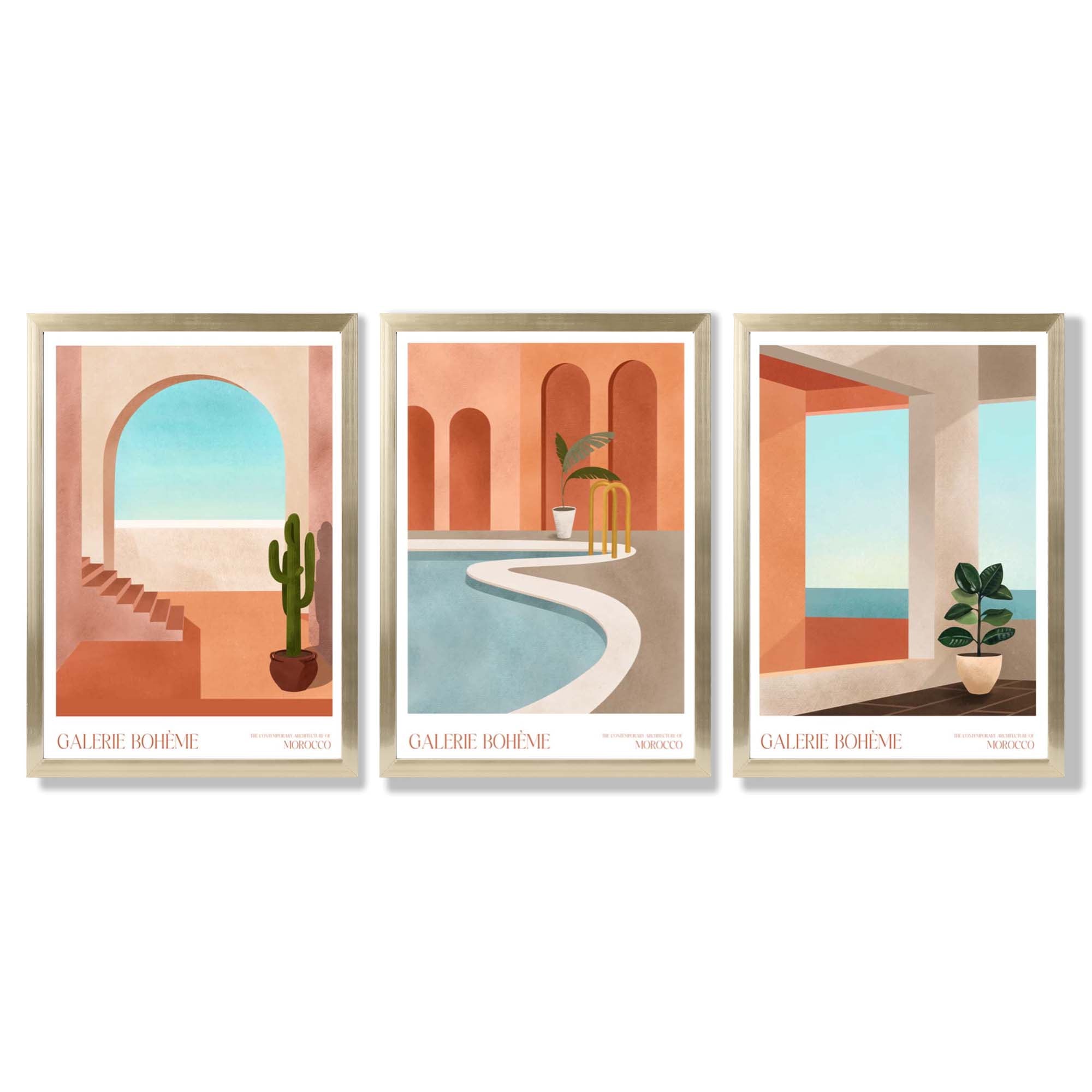 Set of 3 Boho Architecture of Morocco Framed Art Prints with Gold Wood Frames