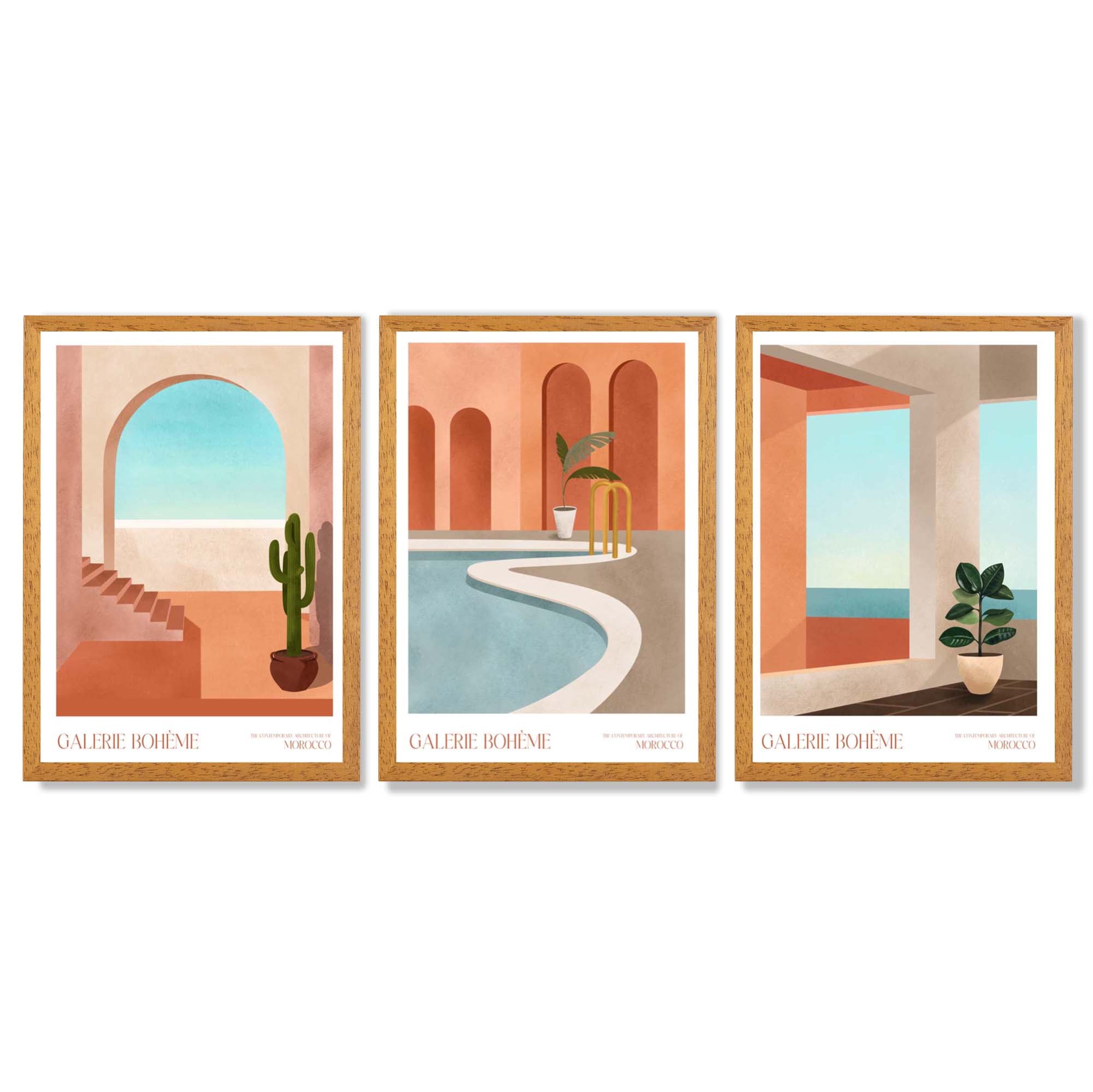 Set of 3 Boho Architecture of Morocco Framed Art Prints with Oak Wooden Frames