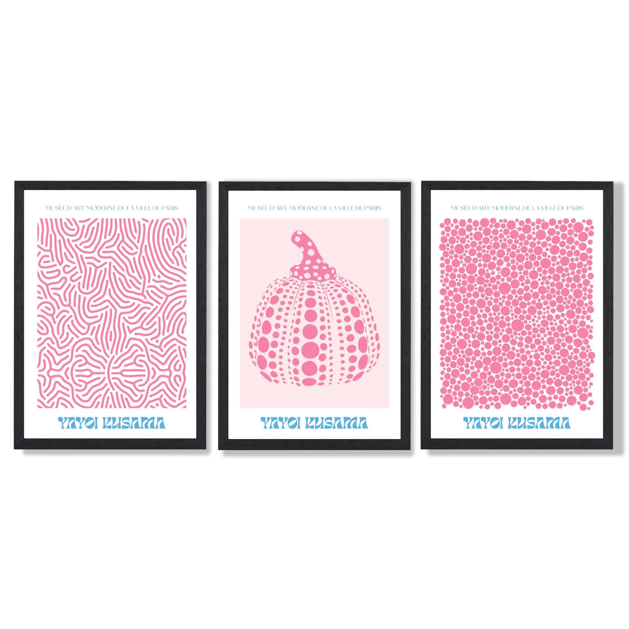 Yayoi Kusama Infinity in Pink Set of 3 Framed Art Prints with Black Wooden Frames