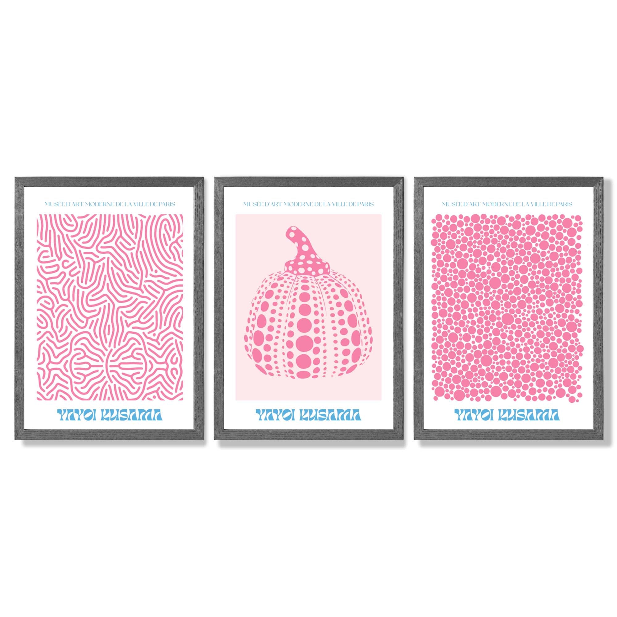 Yayoi Kusama Infinity in Pink Set of 3 Framed Art Prints with Dark Grey Wooden Frames