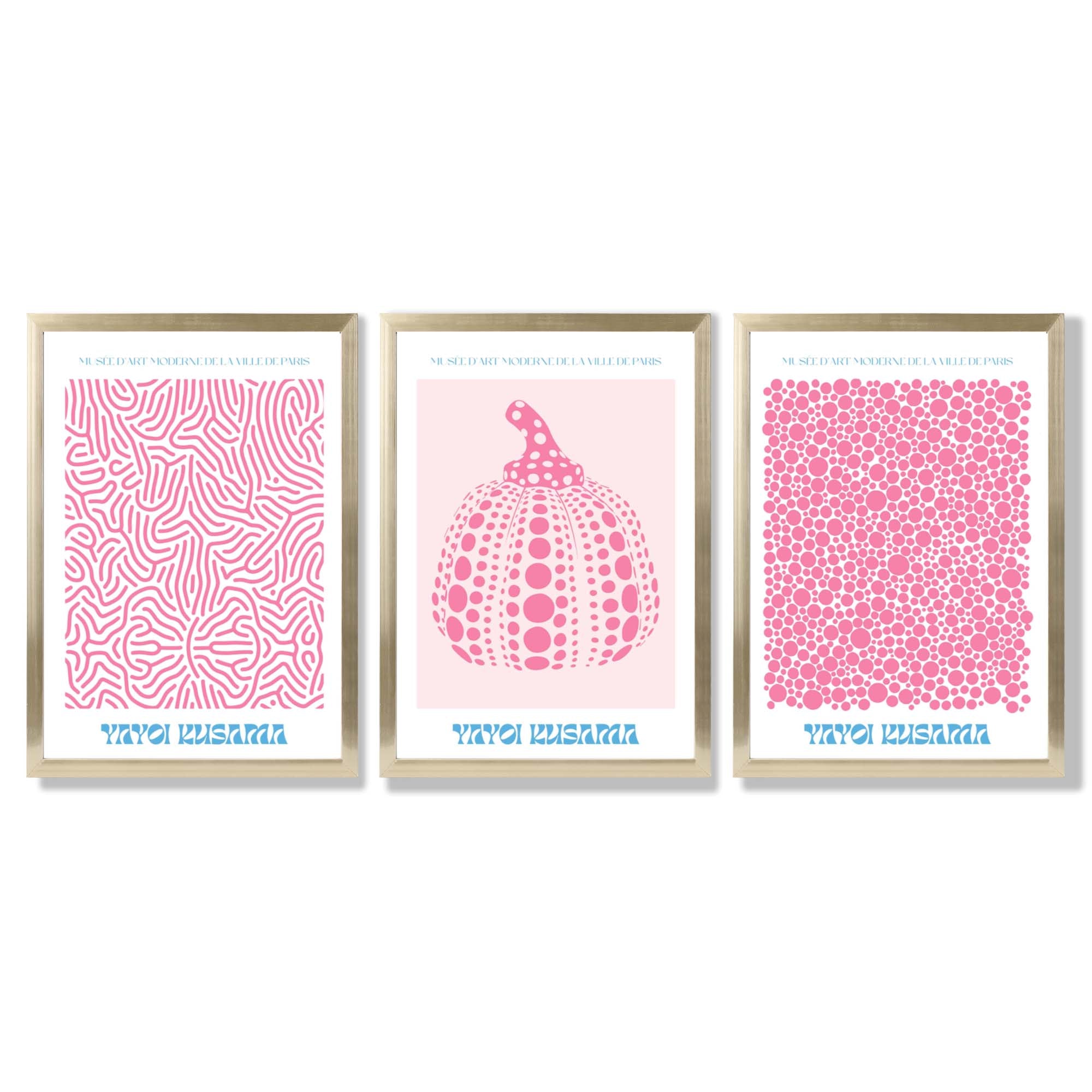 Yayoi Kusama Infinity in Pink Set of 3 Framed Art Prints with Gold Wood Frames