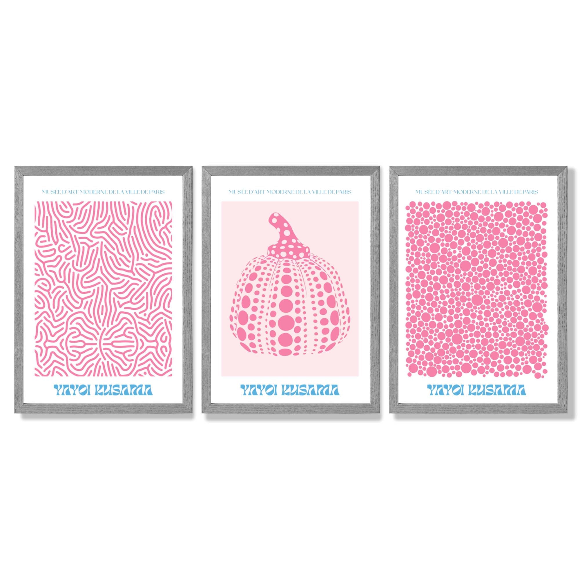 Yayoi Kusama Infinity in Pink Set of 3 Framed Art Prints with Light Grey Wooden Frames