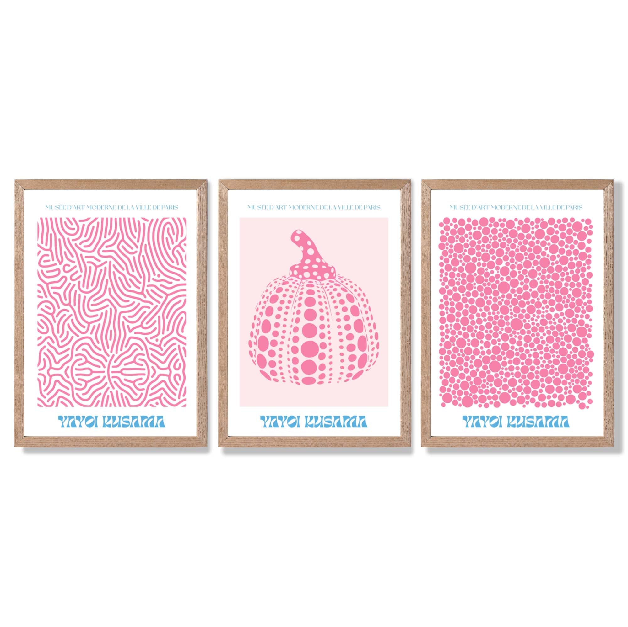 Yayoi Kusama Infinity in Pink Set of 3 Framed Art Prints with Light Oak Frames
