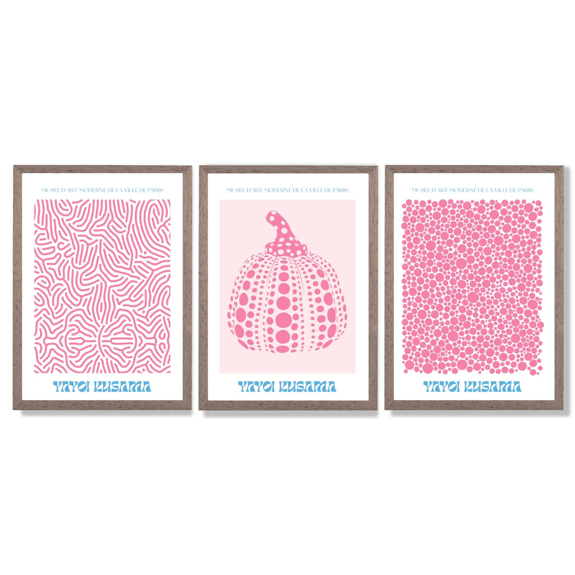 Yayoi Kusama Infinity in Pink Set of 3 Framed Art Prints with Light Walnut Frames