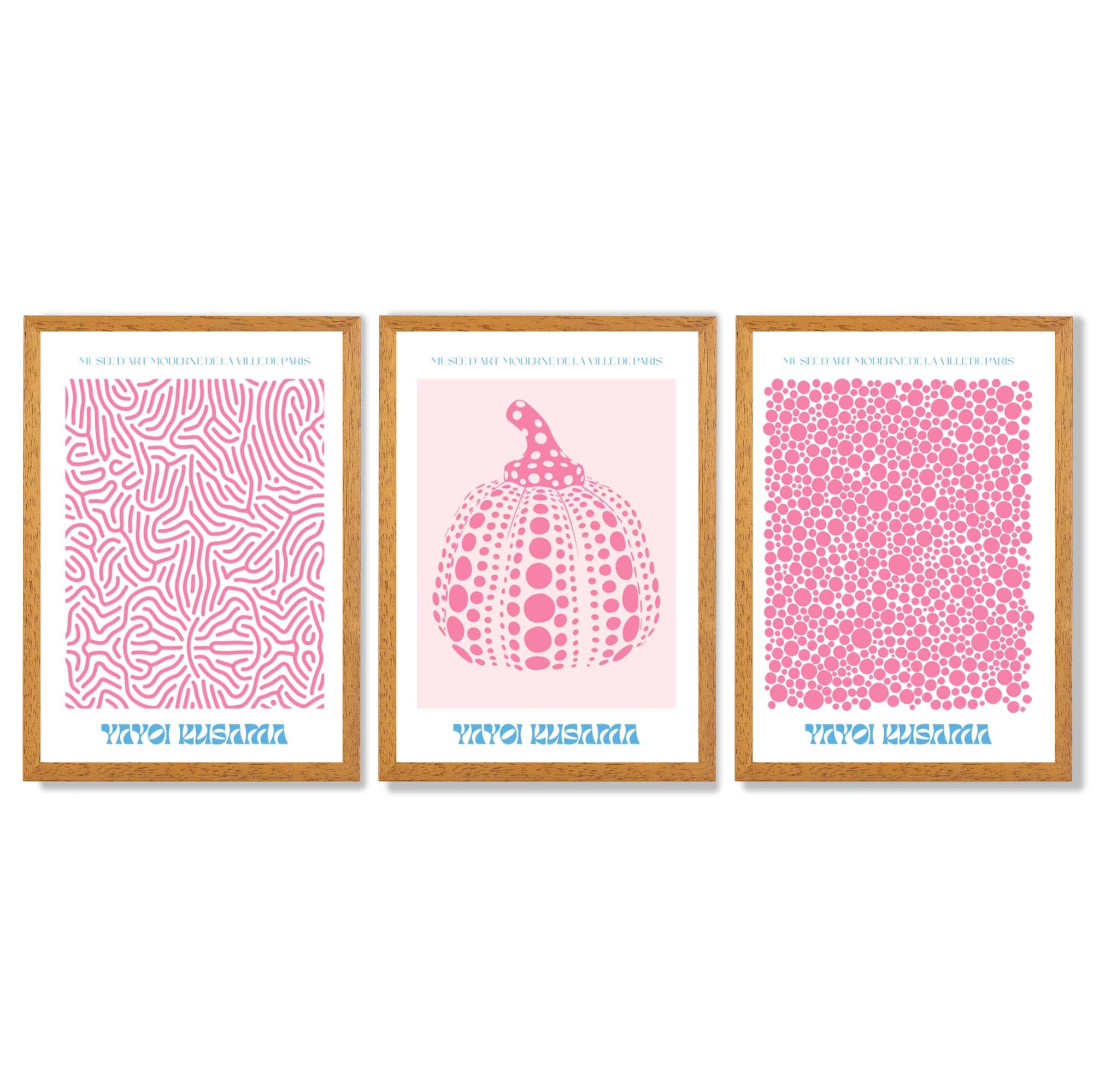 Yayoi Kusama Infinity in Pink Set of 3 Framed Art Prints with Oak Wooden Frames