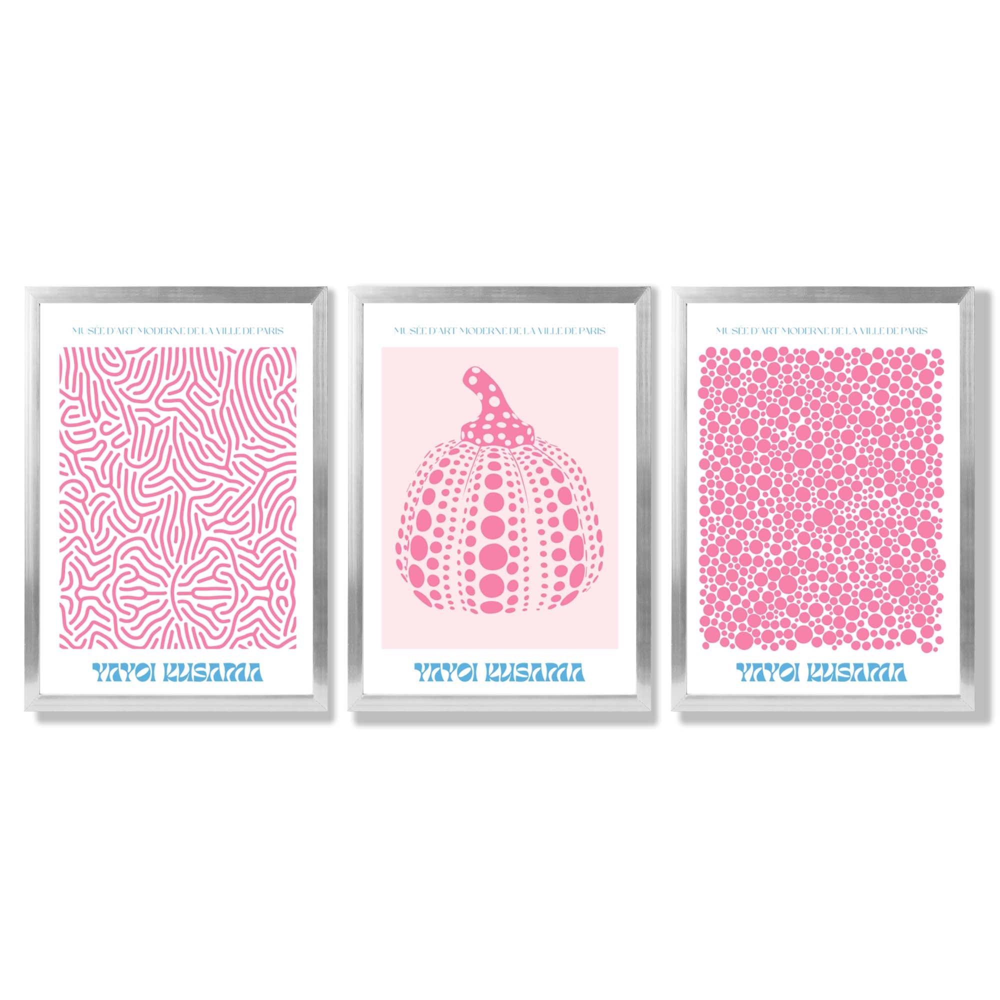 Yayoi Kusama Infinity in Pink Set of 3 Framed Art Prints with Silver Wood Frames