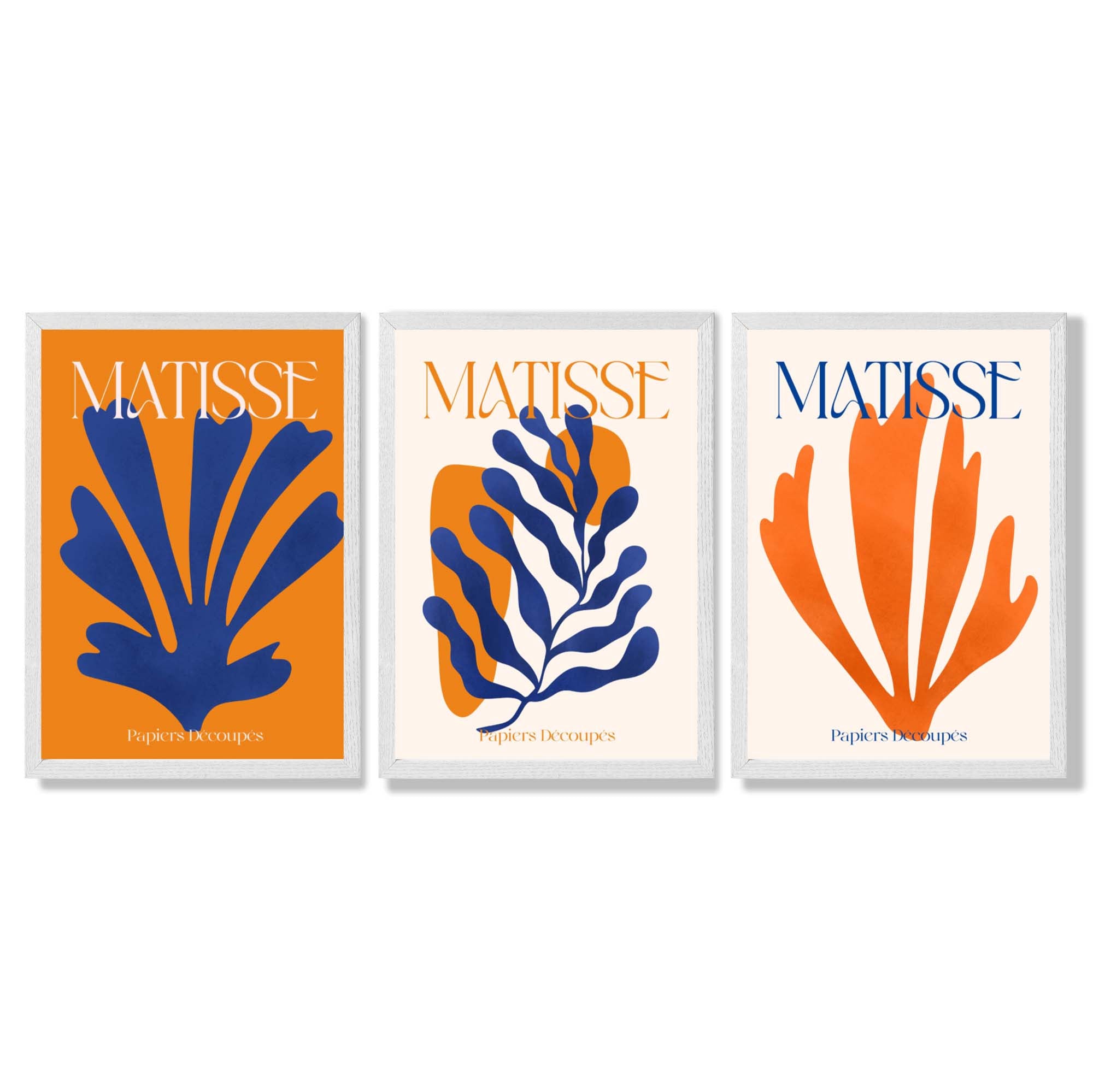 Matisse Orange and Blue Floral Cut Out Framed Art Prints with White Wooden Frames