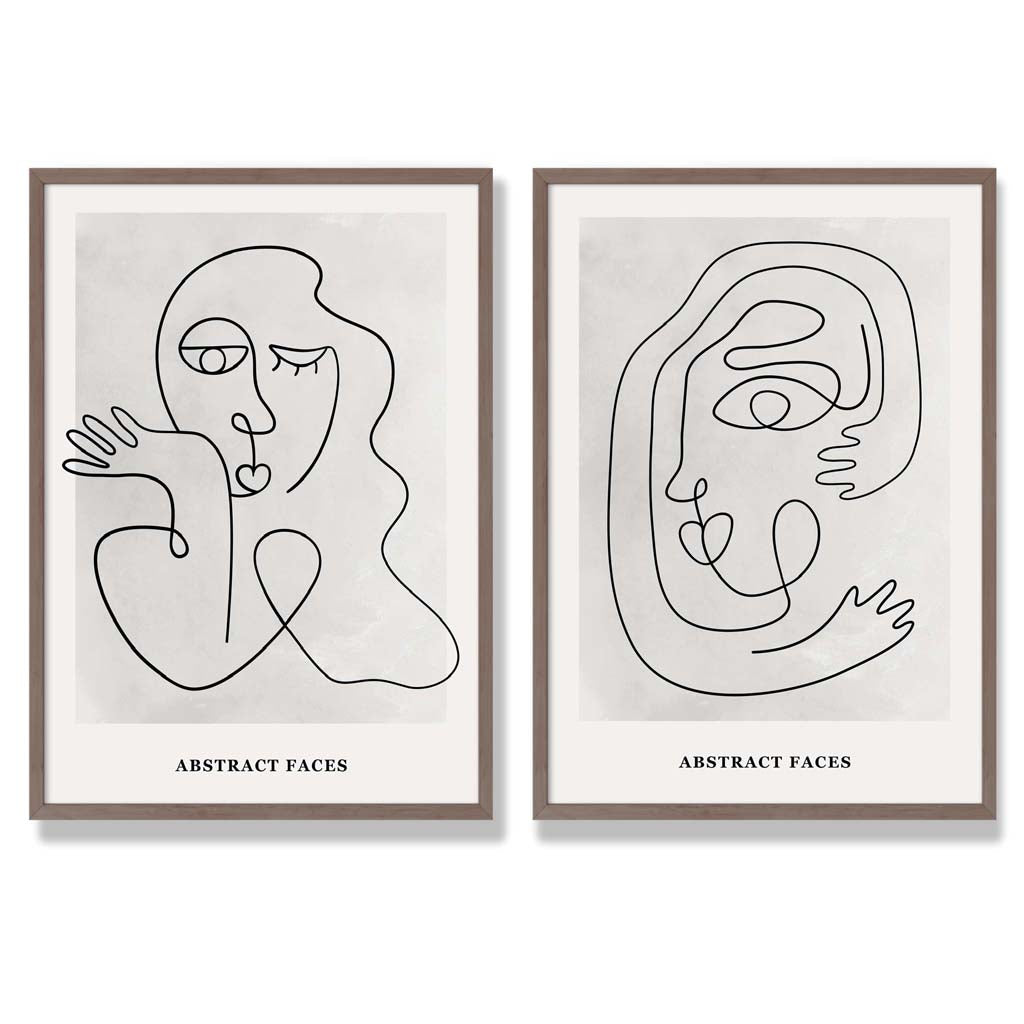 Picasso Faces Sketch Beige Set of 2 Art Prints with Walnut Frame