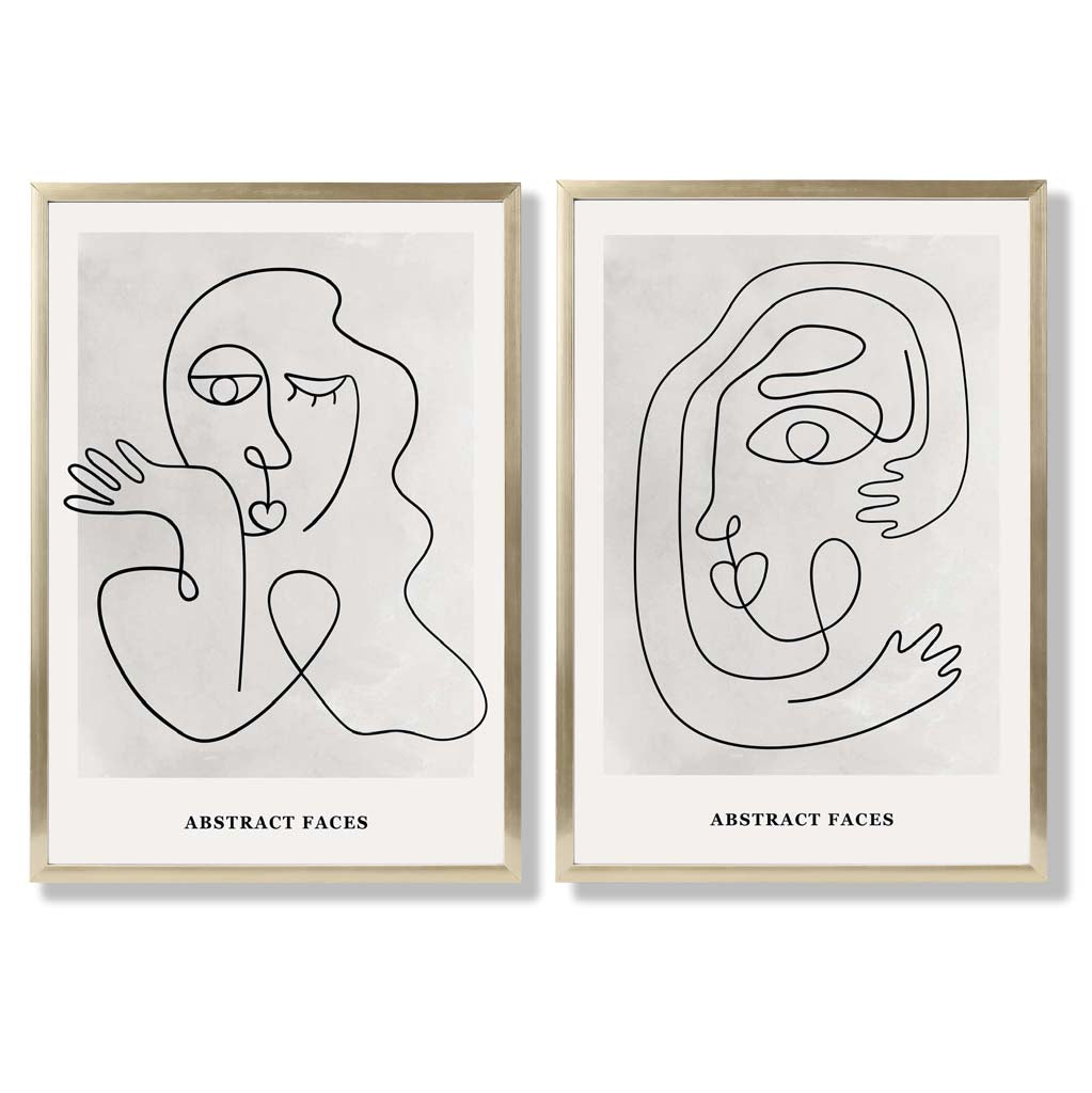 Picasso Faces Sketch Beige Set of 2 Art Prints with Gold Frame