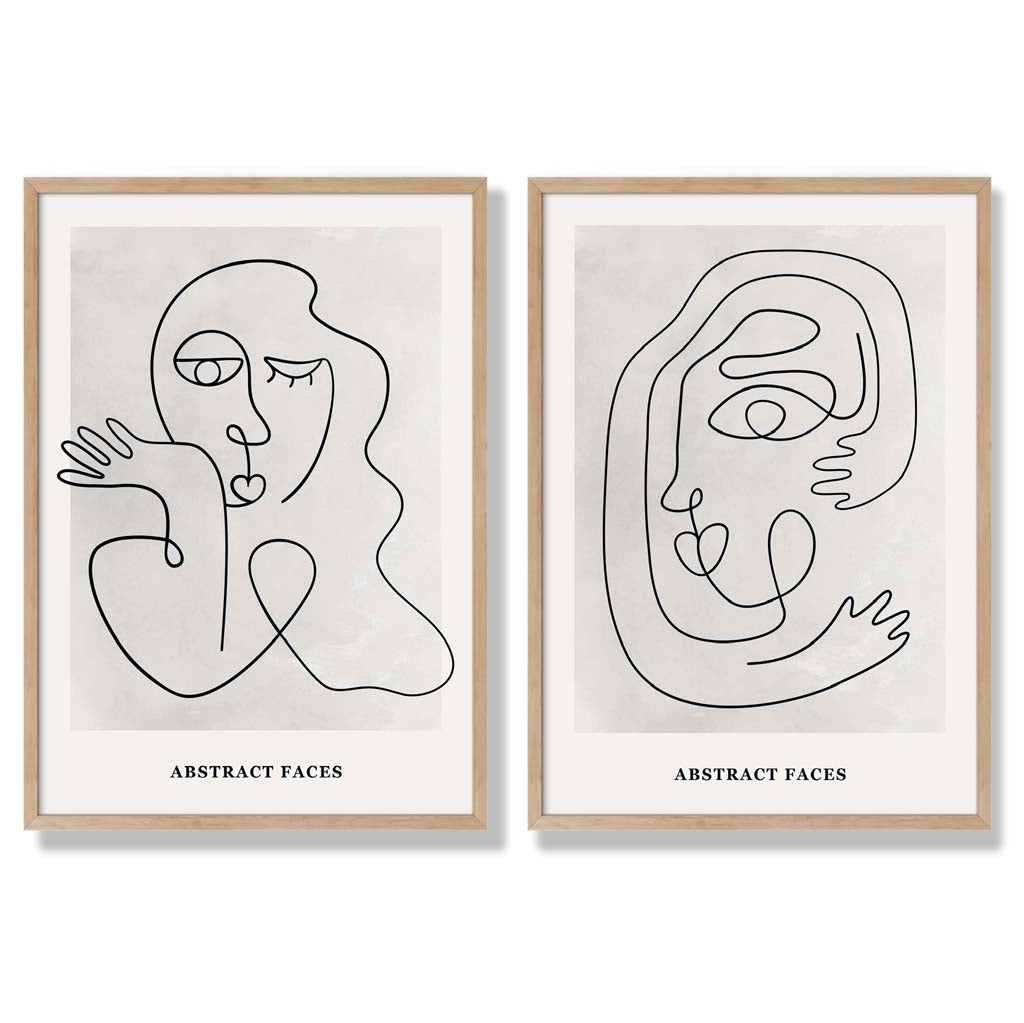 Picasso Faces Sketch Beige Set of 2 Art Prints with Oak Frame