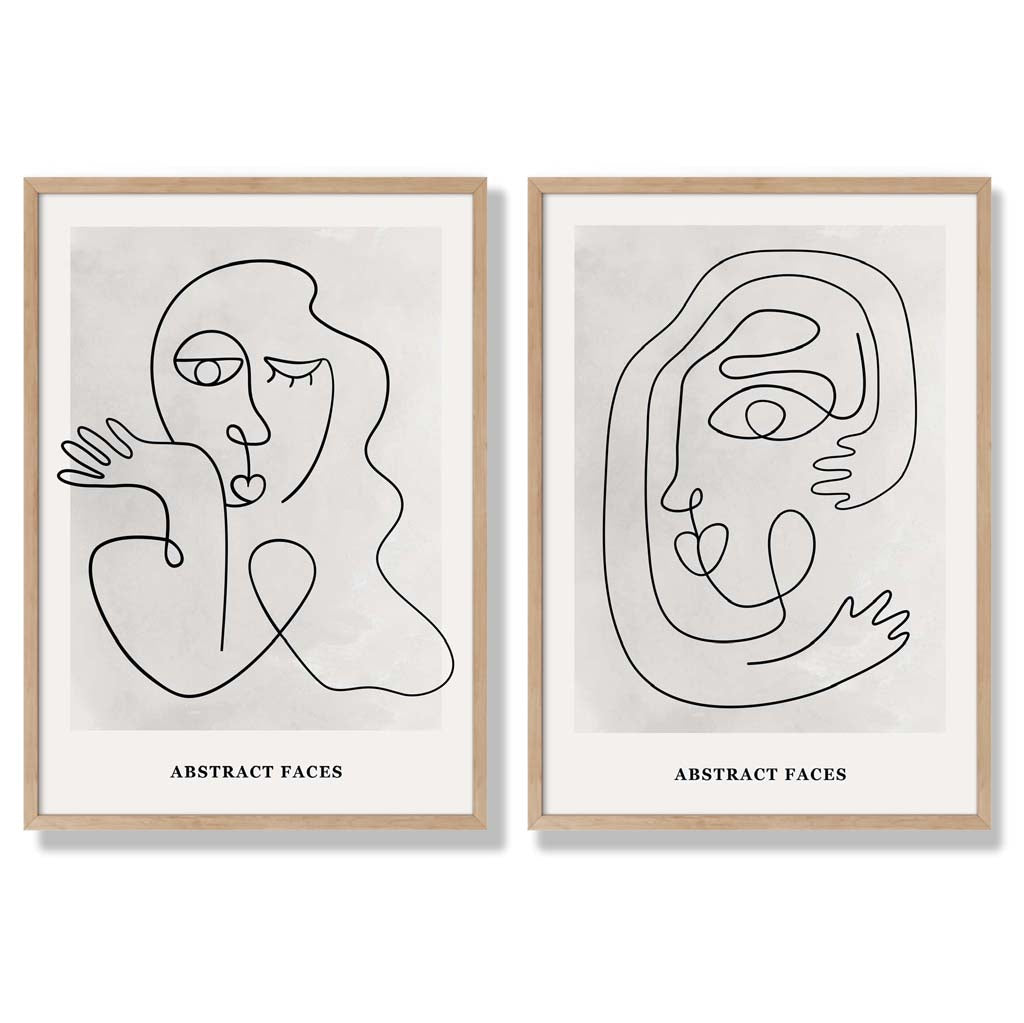 Picasso Faces Sketch Beige Set of 2 Art Prints with Oak Frame